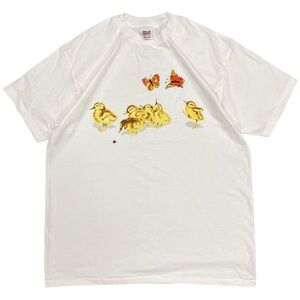 Vintage Anvil White Cotton Embroidered Butterflies & Ducklings Tee T-Shirt XL
